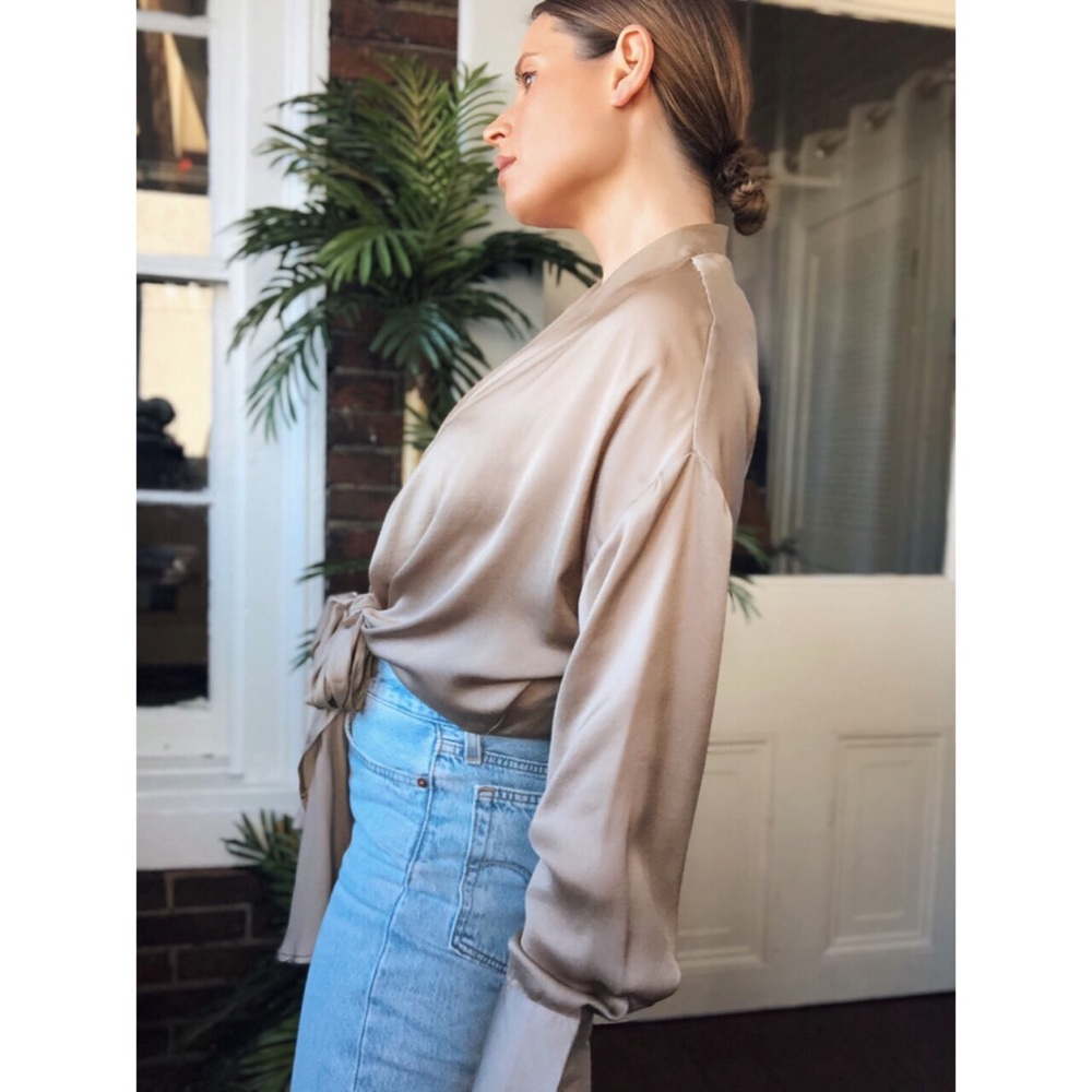 KLY Tie Front Blouse Top - Taupe - Picture 4 of 8